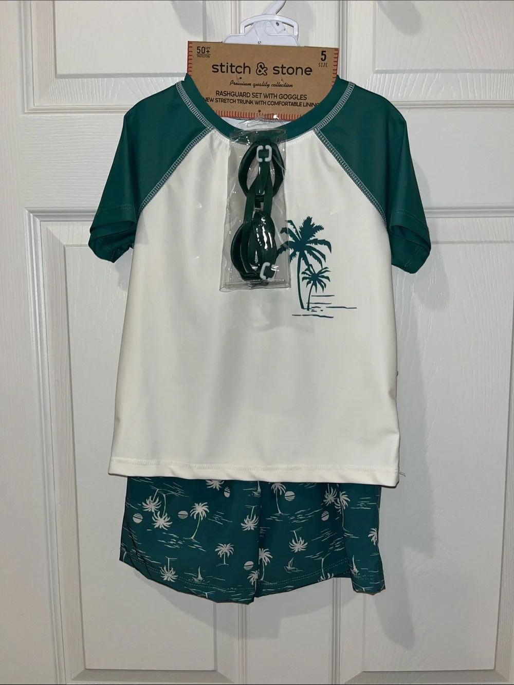 Stitch & Stone Teal and Cream Palm Rashguard Swim Set